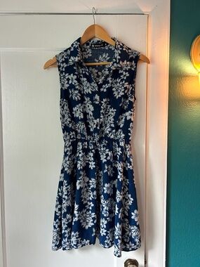 Allegra K Navy Blue Floral Button-Front Mini Dress